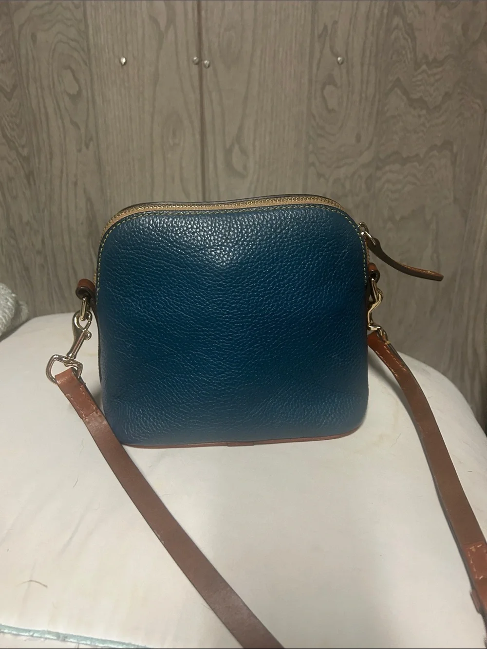 DOONEY AND BOURKE Teal Pebbled Leather Crossbody Bag with Tan Trim